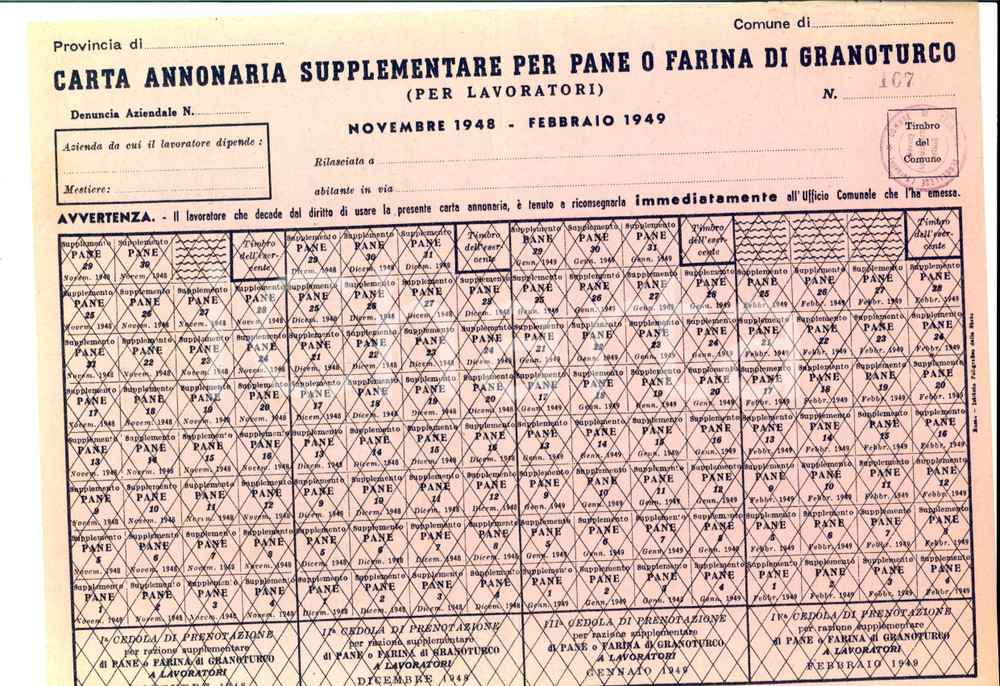 Documento originale, autentico 1949 TRONZANO VERCELLESE Carta annonaria supplementare per pane o farina 1