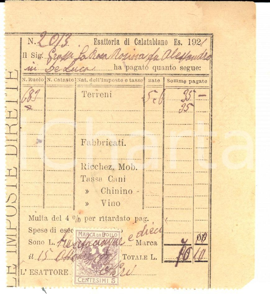 Documento originale, autentico 1921 CALATABIANO Censi su terreni Rosina LA ROSA DE LUCA Ricevuta bollo 5 cent. 1