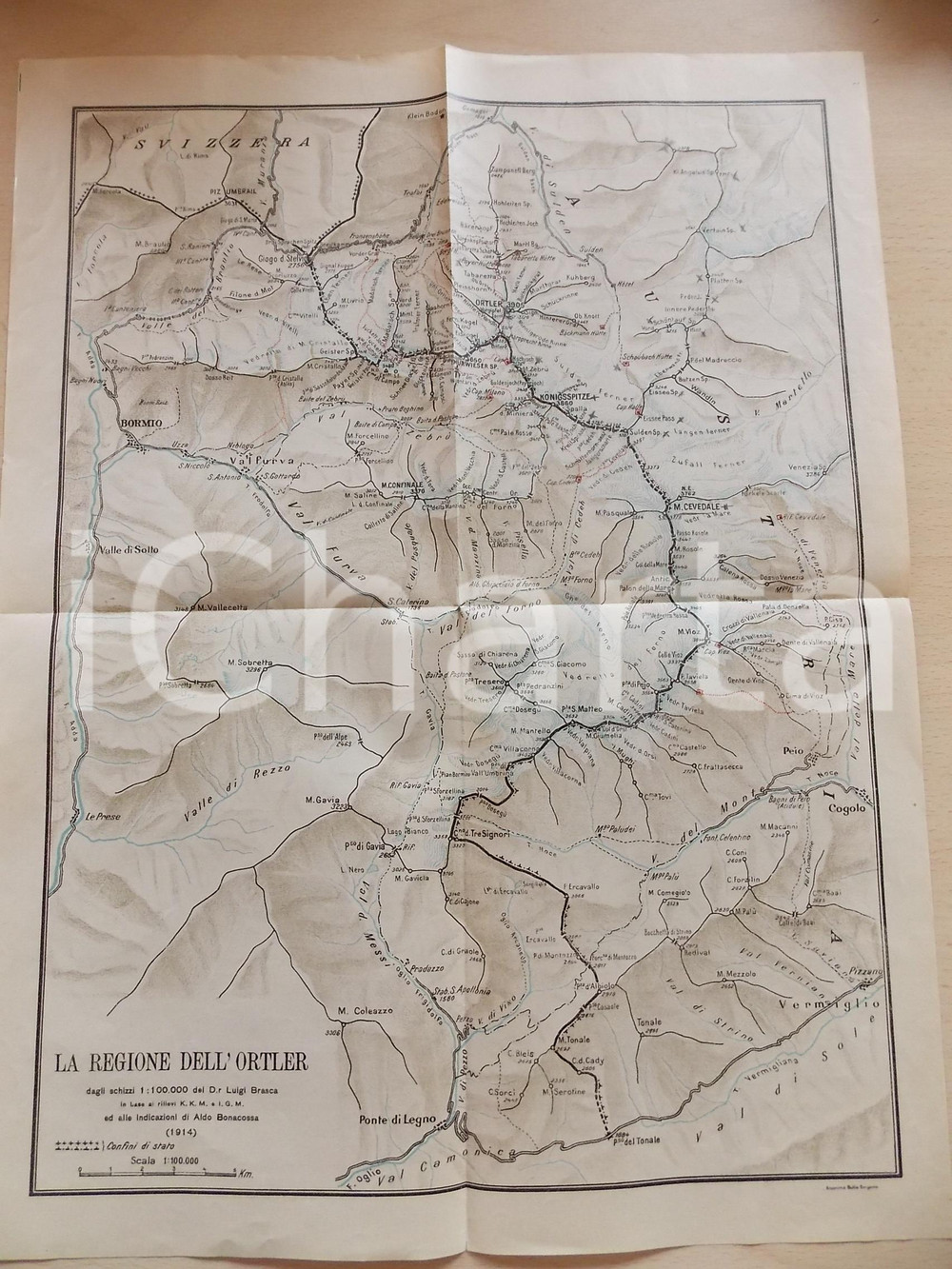Mappa, planimetria storica 1915 ca TRENTINO Regione dell ORTLER Mappa con confine austriaco 30x40 cm 1