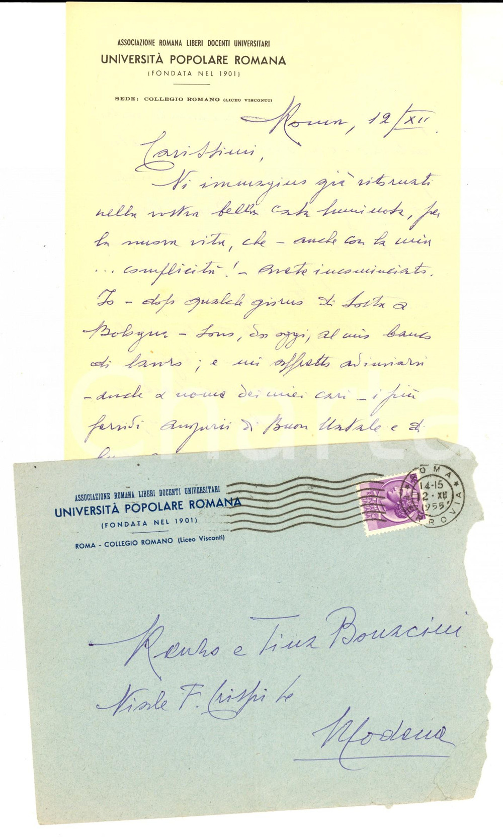 Documento originale, autentico 1955 ROMA Collegio Romano  Lettera docente UNIVERSITA  POPOLARE ROMANA 1