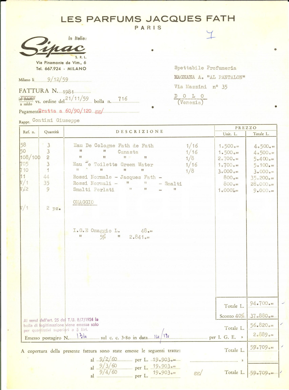 Documento originale, autentico 1959 MILANO Ditta SIPAC Parfums Jacques FATH  PARIS Fattura commerciale 1