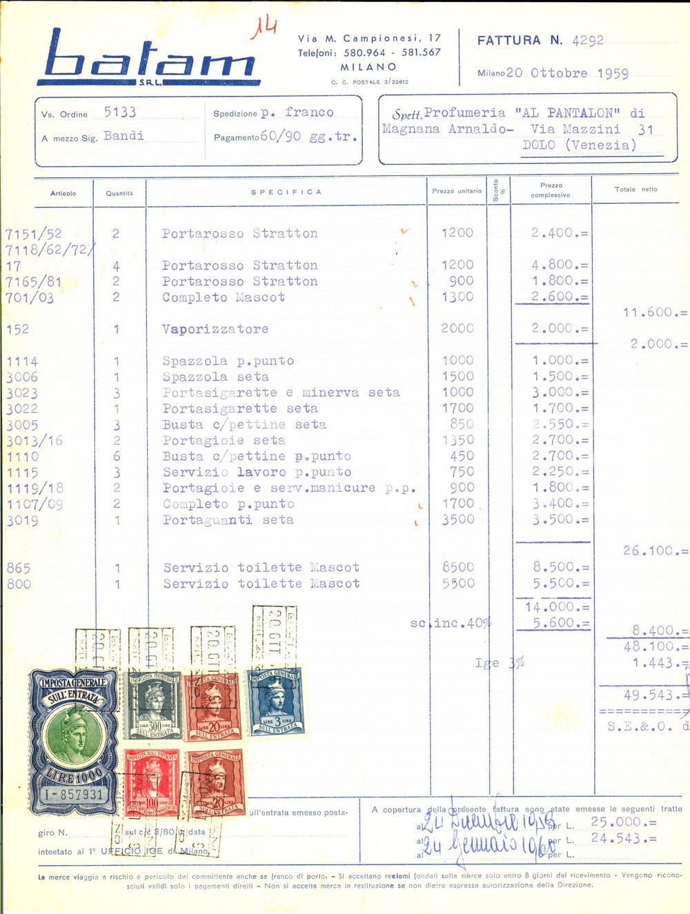 Documento originale, autentico 1959 MILANO Ditta BATAM Articoli per profumerie Fattura con bolli 1