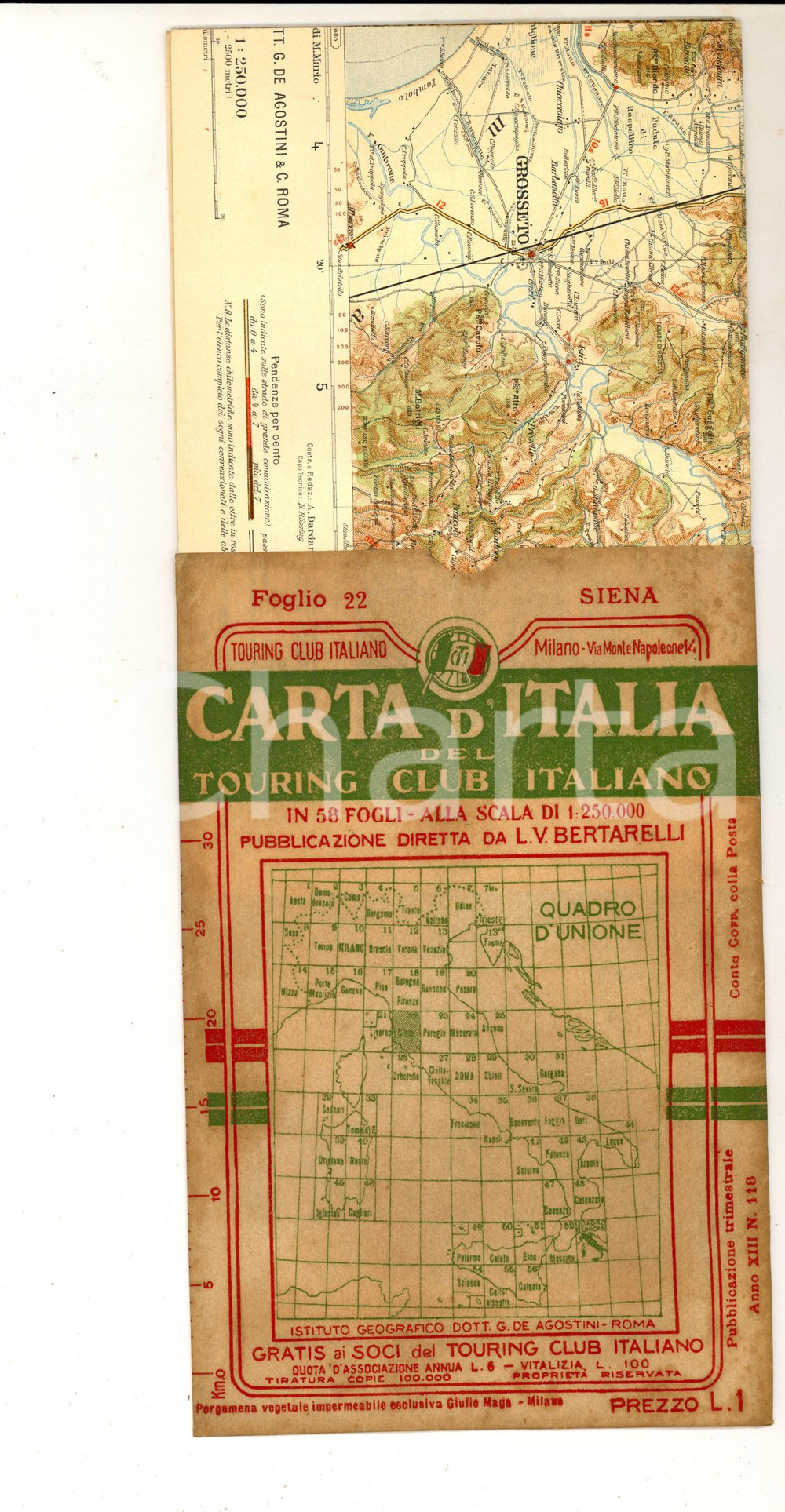 Mappa, planimetria storica 1910 ca TOURING CLUB ITALIANO Carta d Italia  SIENA Foglio nÂ° 22 40x50 cm 1