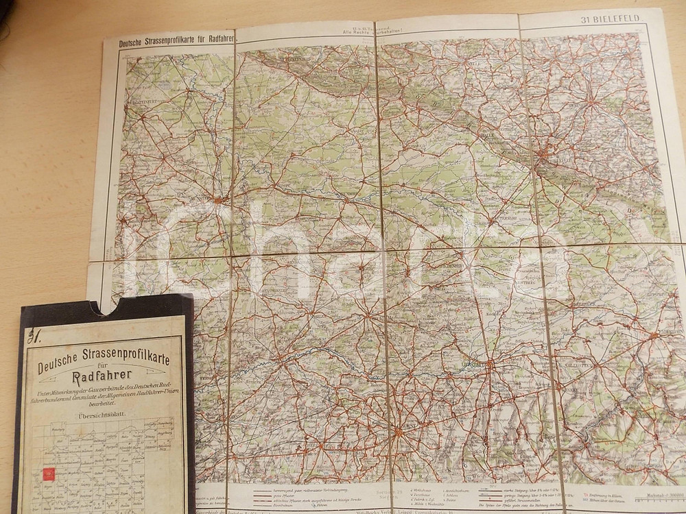 Mappa, planimetria storica 1910 ca Deutsche Strassenprofilkarte fur Radfahrer  BIELEFELD nÂ° 31 37x33 cm 1