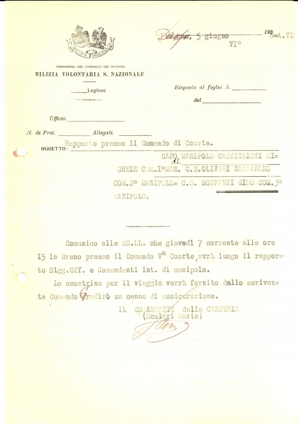 Documento originale, autentico 1928 MVSN BRENO BS Rapporto presso il comando della 5 coorte Lettera 1