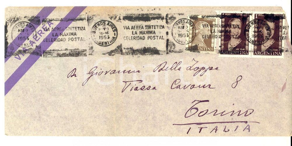 Materiale pubblicitario d’epoca 1953 STORIA POSTALE ARGENTINA Busta VIA AEREA 1 Peso + 50 c EVA PERON 1