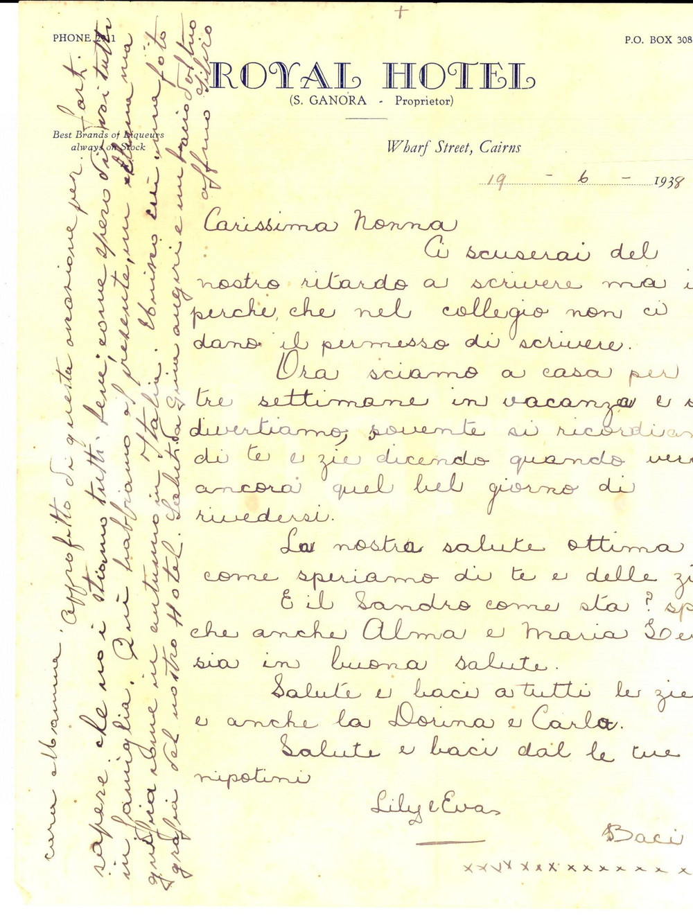 Manoscritto, lettera originale 1938 CAIRNS AUSTRALIA Lettera emigrati italiani su carta intestata ROYAL HOTEL 1