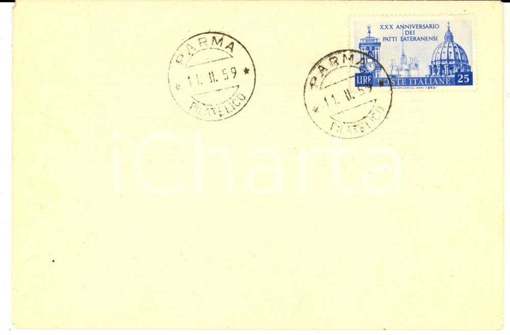 Documento originale, autentico 1959 STORIA POSTALE PARMA XXX Anniversario Patti Lateranensi L.25 isolato busta 1