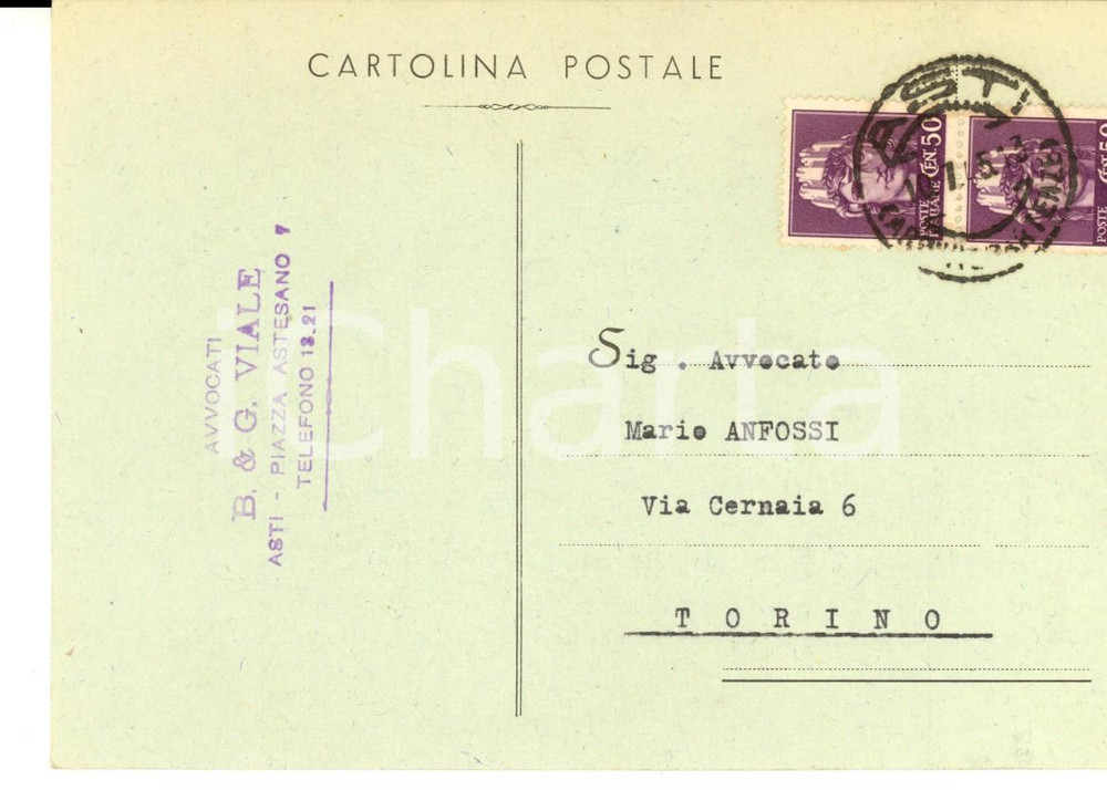 Cartolina originale da collezione 1945 STORIA POSTALE LUOGOTENENZA ASTI Cartolina avv. VIALE imperiale senza fasci 1