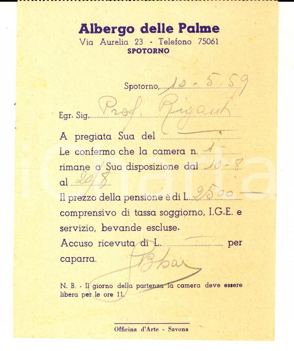 Materiale pubblicitario d’epoca 1959 SPOTORNO SV Albergo delle PALME Ricevuta per camera e pensione 1