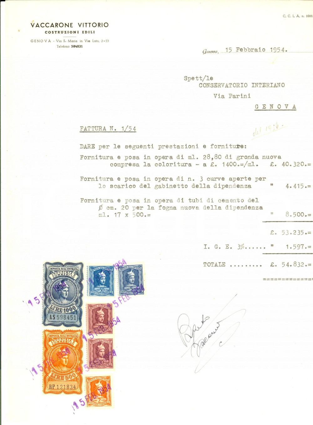 Documento originale, autentico 1954 GENOVA Costruzioni edili Vittorio VACCARONE  Fattura per gronda Bolli 1
