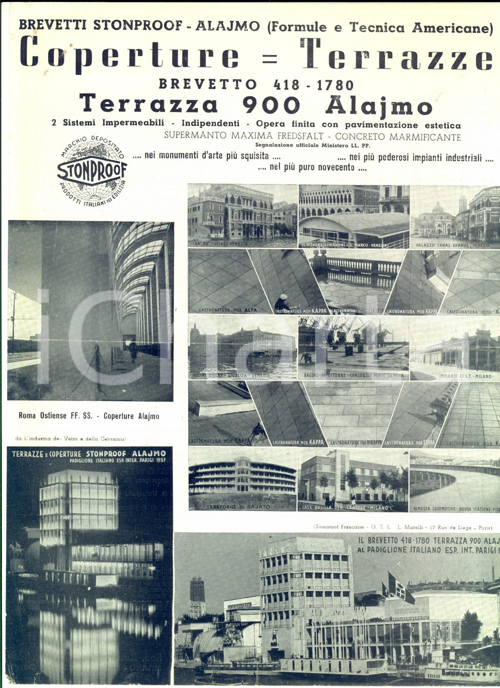 Materiale pubblicitario d’epoca 1940 ca MILANO Ditta ALAJMO  STONPROOF Terrazza 900 Volantino ILLUSTRATO 1