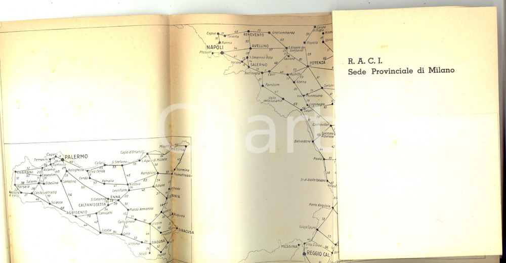 1940 ca MILANO RACI Prontuario distanze tra i capoluoghi di provincia d'Italia Pieghevole con mappa della penisola e le distanze chilometriche.CONDIZIONI: poor (alcune macchie)PAGINE: 3 mappe + prontuario      originale e autentica 1