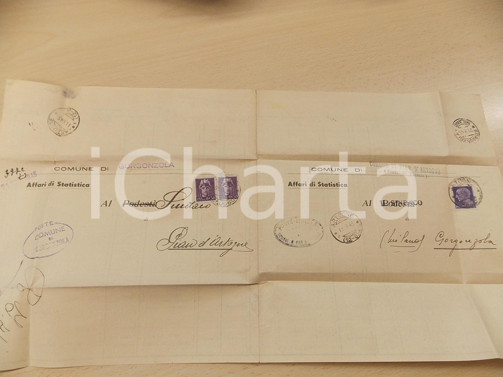Cartolina originale da collezione 1945 STORIA POSTALE GORGONZOLA per PIAN D ARTOGNE Italia turrita senza fasci 1