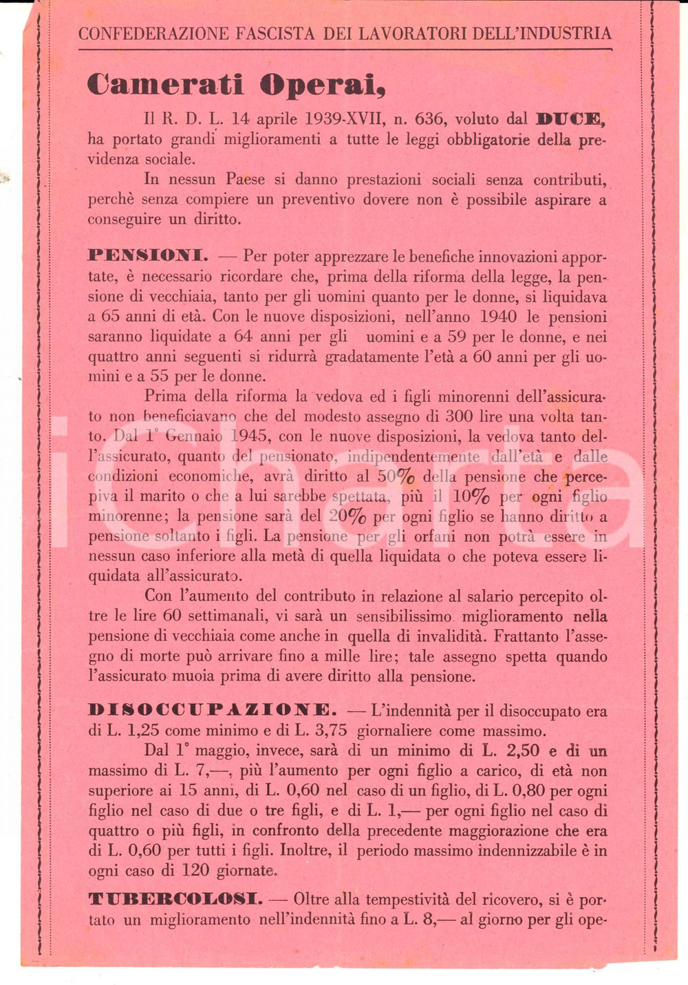 Materiale pubblicitario d’epoca 1939 MILANO Confederazione Fascista Lavoratori Industria  Volantino pensioni 1