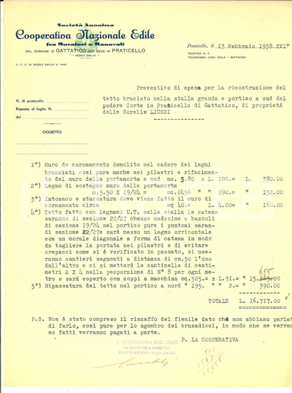 Documento originale, autentico 1938 PRATICELLO GATTATICO Cooperativa Nazionale EDILE Preventivo tetto bruciato 1