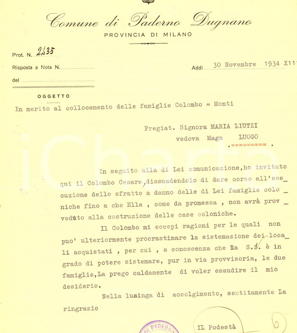 Documento originale, autentico 1934 PADERNO DUGNANO Lettera a Maria LIUZZI su sfratto famiglie coloniche 1