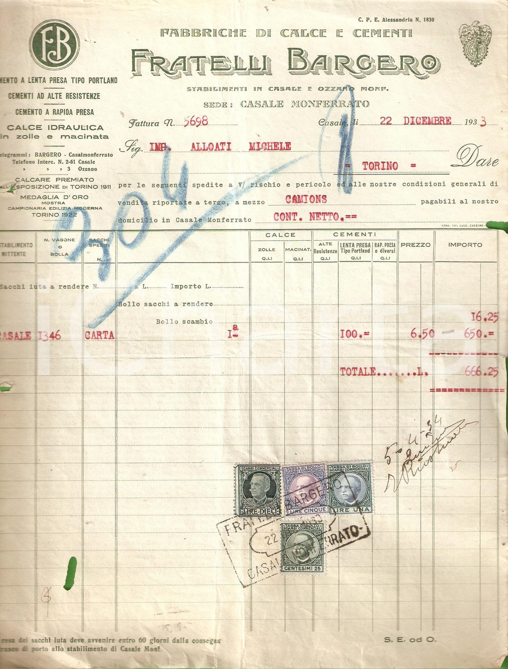 Oggetto da collezione cartaceo 1934 CASALE MONFERRATO Fratelli BARGERO Fabbrica calce e cementi Fattura 22x27 1