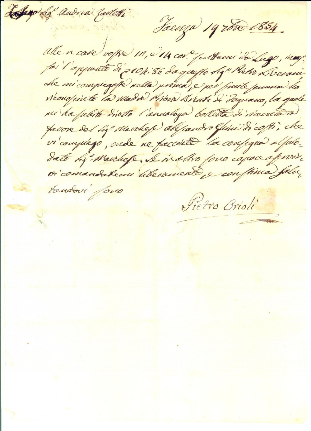 1854 FAENZA Avvocato Pietro ORIOLI annuncia invio ricevuta ad Andrea ZARLETTI