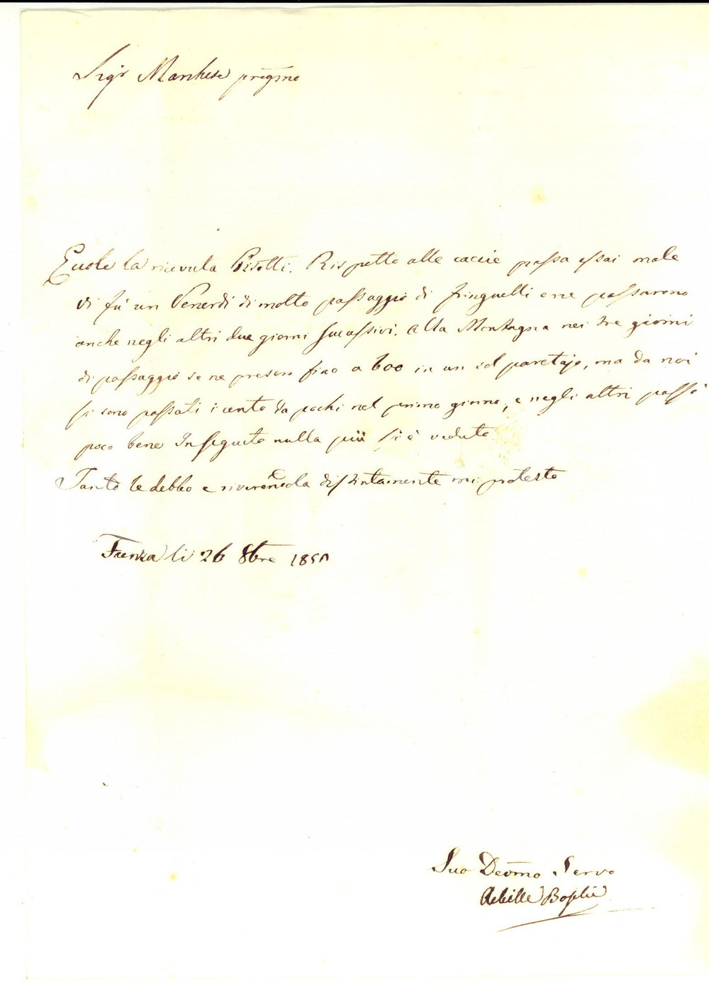 Manoscritto, lettera originale 1852 FAENZA RA Achille BOSCHI e le pessime giornate di caccia Prefilatelica 1