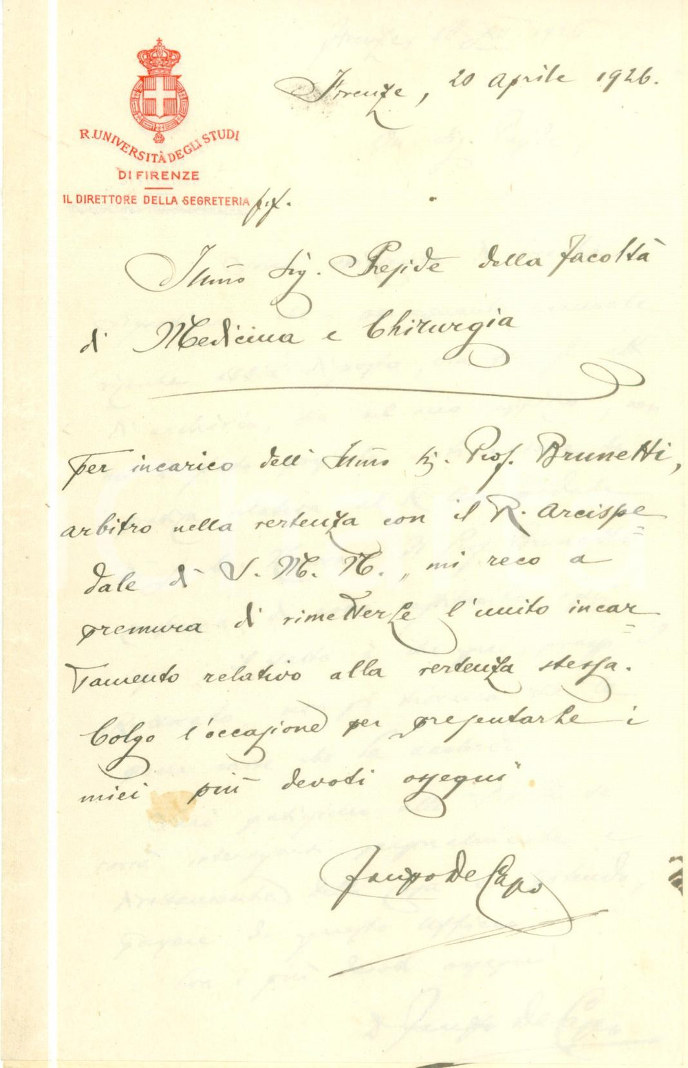 1926 FIRENZE R. UniversitÃ  Fausto DE CAPO su Arcispedale S.M.Nuova *AUTOGRAFO Lettera manoscritta d'epoca, originale, autentica, interamente autografa di Fausto De Capo, Direttore della Segreteria della R. Universit&agrave; di Firenze.PAGINE: 6 (4 bianche)CONDIZIONI: GOOD    originale e autentica 1