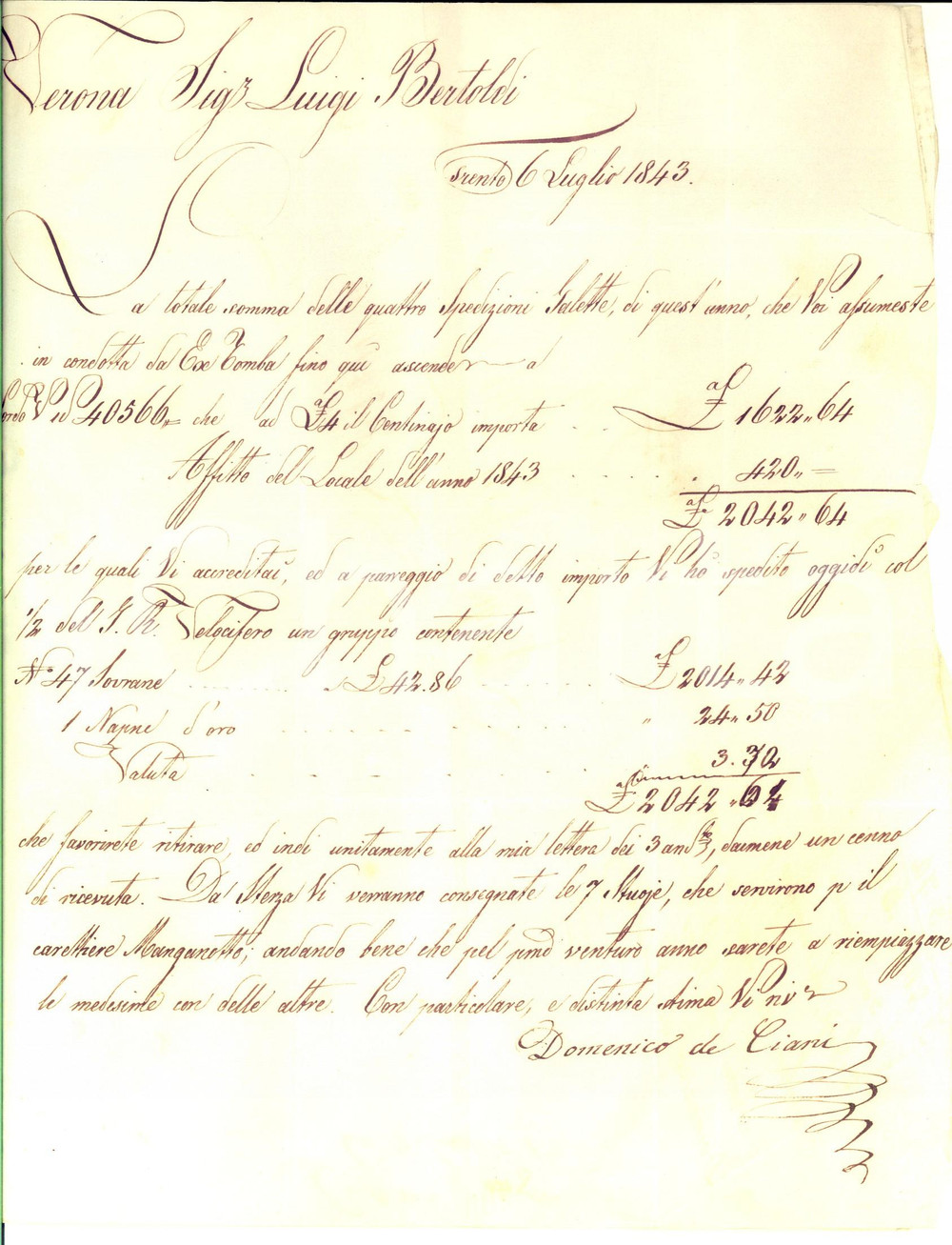 Manoscritto, lettera originale 1843 TRENTO Domenico DE CIANI su affitto locali e consegna stuoie Prefilatelica 1