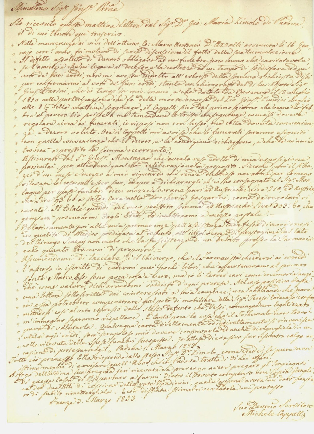 Manoscritto, lettera originale 1853 FAENZA Michele CAPPELLI sul funerale del conte AZZALLI morto in miseria 1