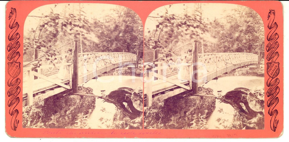 Fotografia d epoca originale 1890 NIAGARA FALLS NY Ponte tra due isolotti Stereoscopica BIERSTADT ANIMATA 1