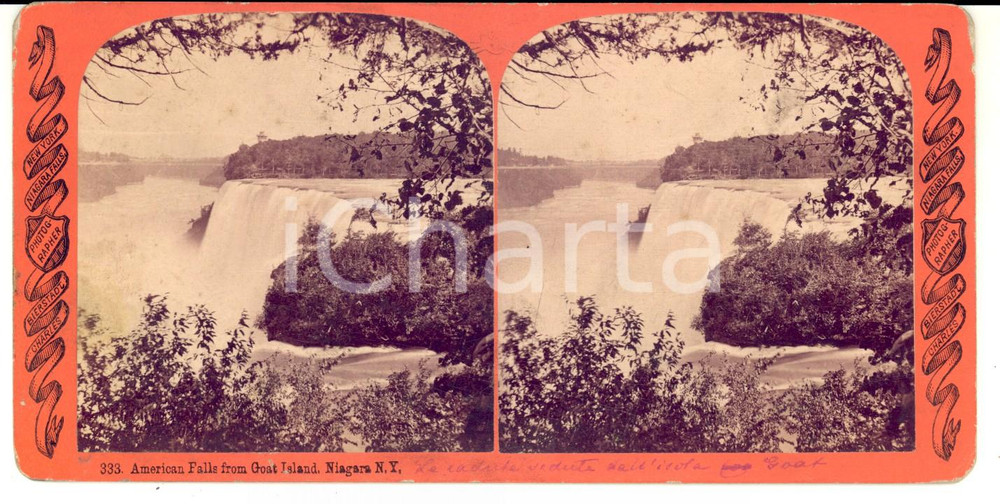 Fotografia d epoca originale 1890 NIAGARA FALLS NY View from GOAT ISLAND Stereoscopic photo BIERSTADT 1