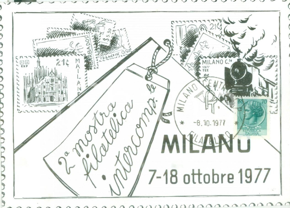 Materiale pubblicitario d’epoca 1977 MILANO 2 Mostra Filatelica Intercompartimentale Ferroviaria Cartolina 1
