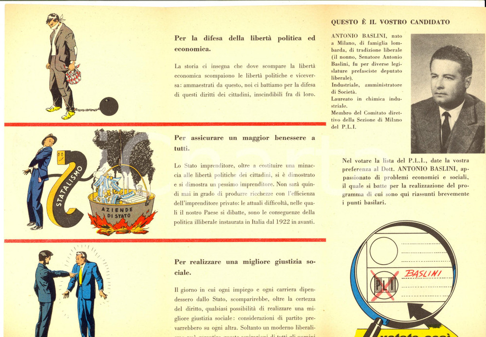 Materiale pubblicitario d’epoca 1958 ELEZIONI PARTITO LIBERALE ITALIANO Pieghevole Antonio BASLINI PROPAGANDA 1