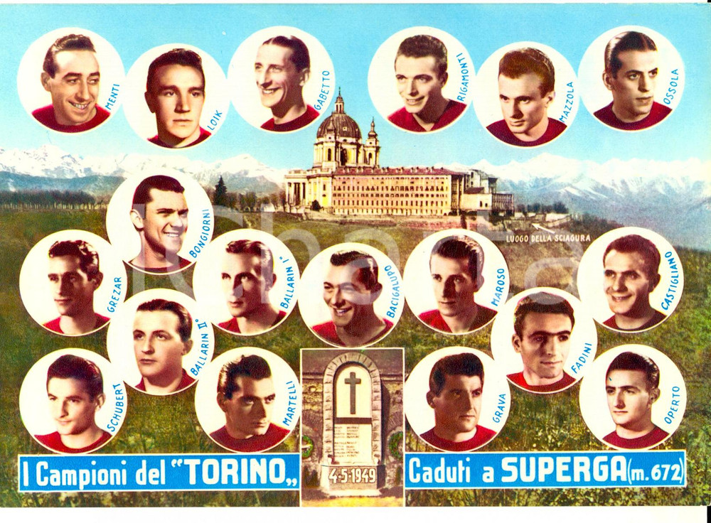 Cartolina originale da collezione 1955 ca TRAGEDIA DI SUPERGA I Campioni del TORINO caduti Cartolina 20x15 cm 1