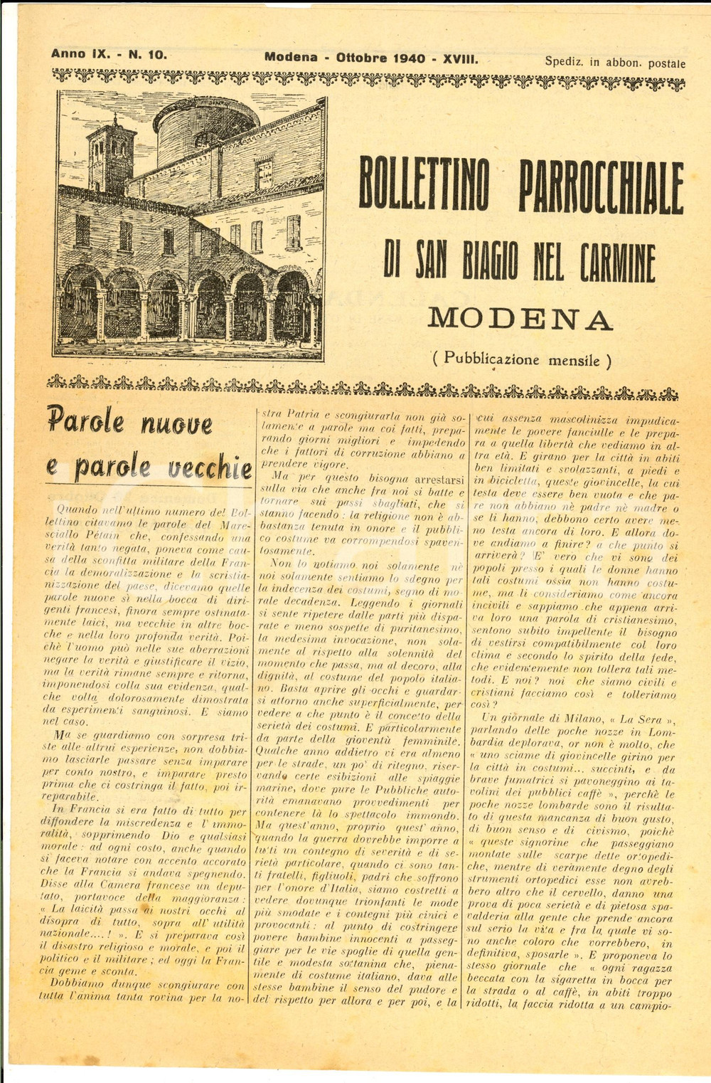 Giornale, rivista storica 1940 MODENA Bollettino parrocchiale SAN BIAGIO NEL CARMINE Anno IX n° 10 1