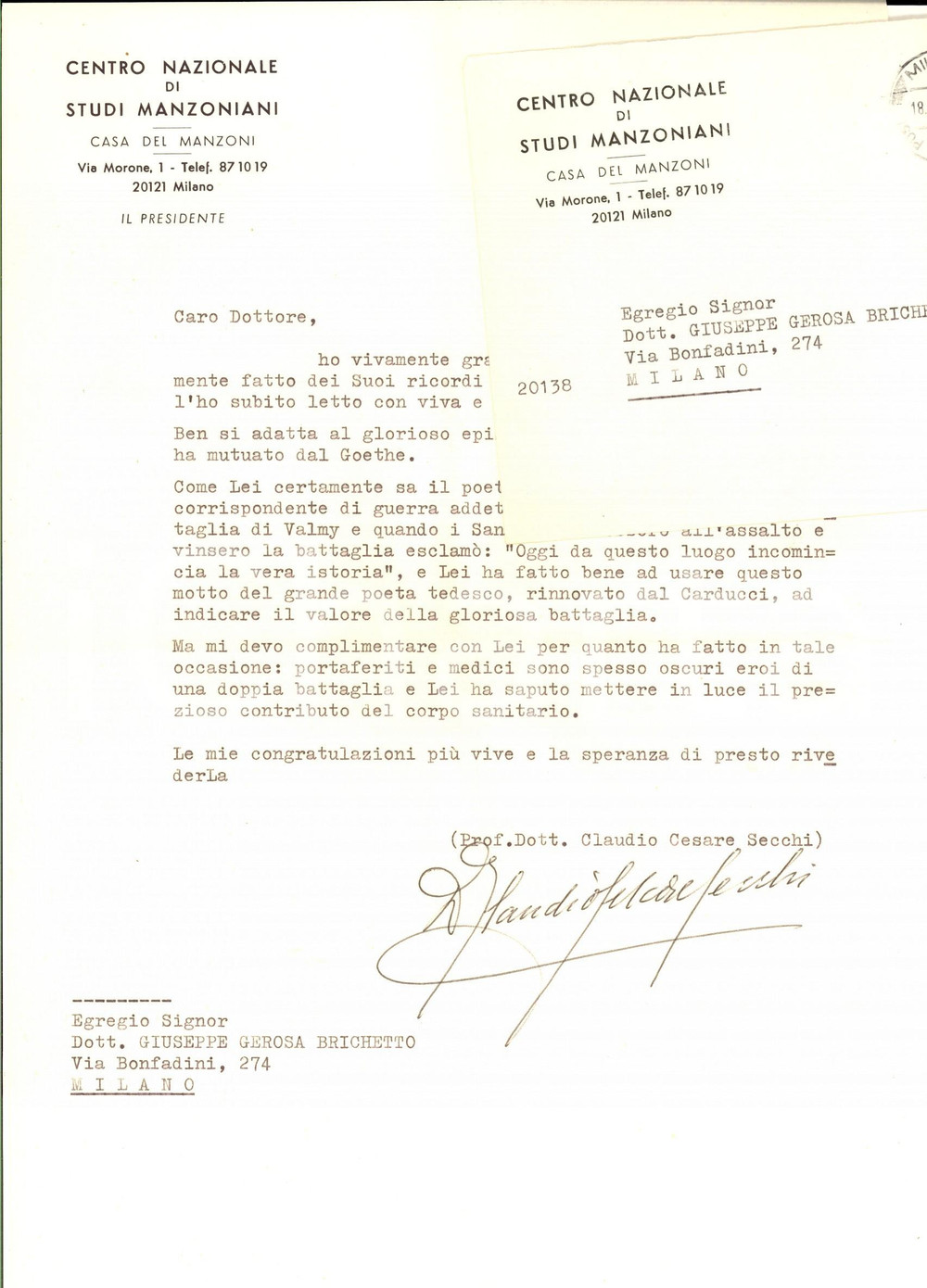 Autografo originale 1975 MILANO Centro Studi Manzoniani  Lettera Claudio Cesare SECCHI AUTOGRAFO 1