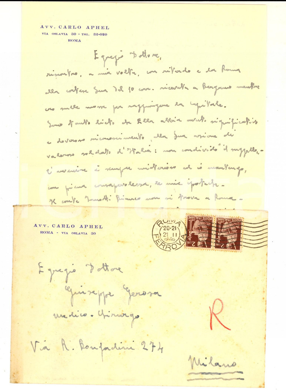 Manoscritto, lettera originale 1946 ROMA Avvocato Carlo APHEL Lettera autografa 1