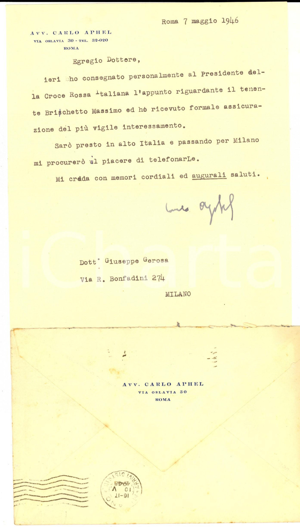 Manoscritto, lettera originale 1946 ROMA Lettera avv. Carlo APHEL  per raccomandazione AUTOGRAFO 1