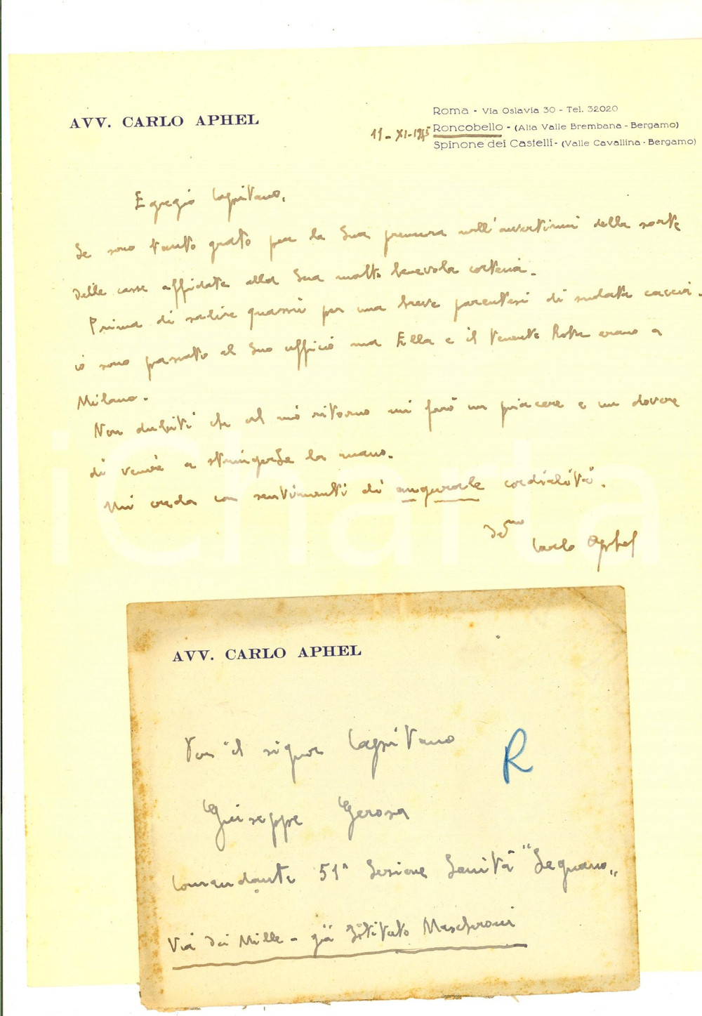 1945 ROMA Ringraziamenti avv. Carlo APHEL a GEROSA per recupero casse *AUTOGRAFO Lettera autografa del noto avvocato milanese, che partecip&ograve; al progetto di golpe contro Mussolini del 1938, che vedeva conivolta la regina Maria Jos&eacute;.CONDIZIONI: fair    originale e autentica 1