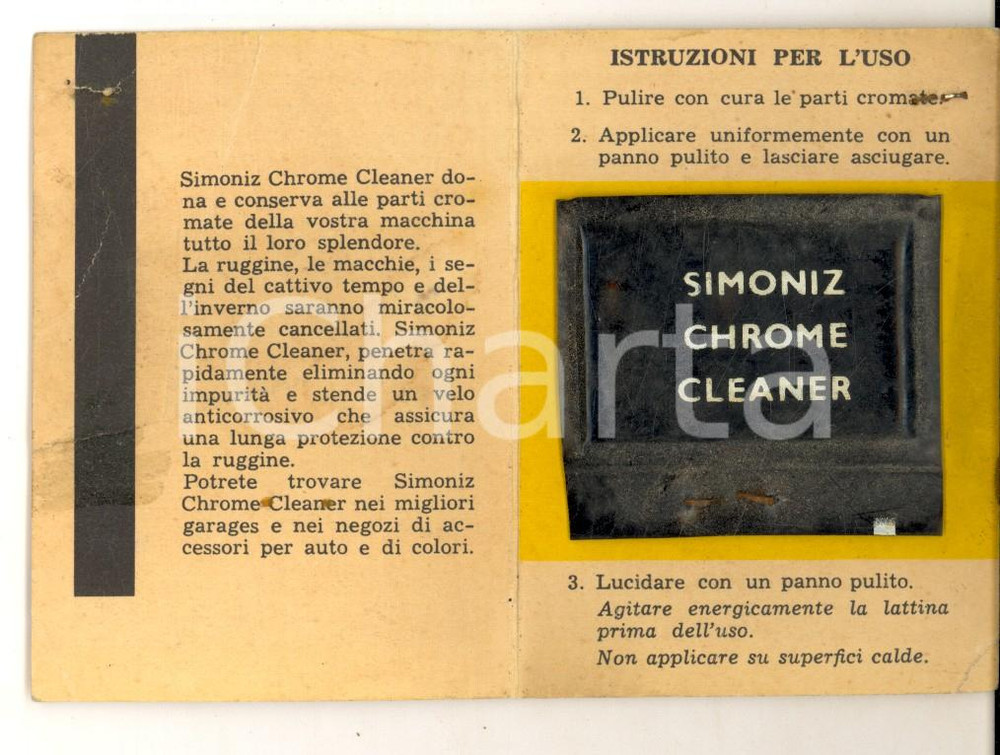 Materiale pubblicitario d’epoca 1950 ca SIMONIZ CHROME CLEANER Campione omaggio lucidatura auto Pubblicitario 1