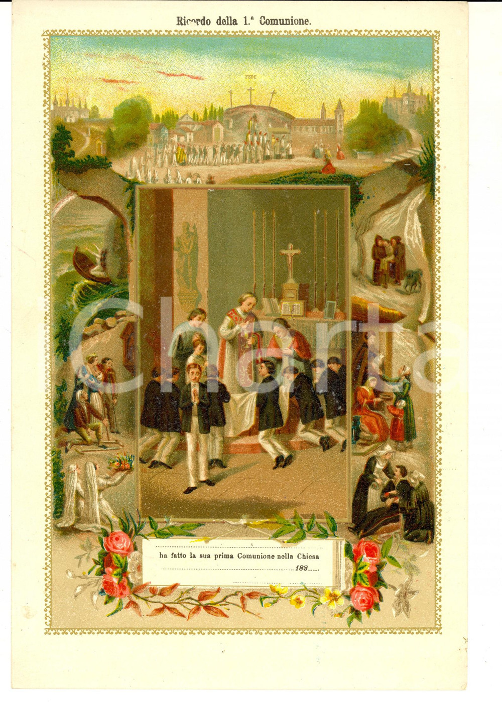 Documento originale, autentico 1890 ca AREA LOMBARDA Ricordo della Prima Comunione Bambini 18x24 cm 1