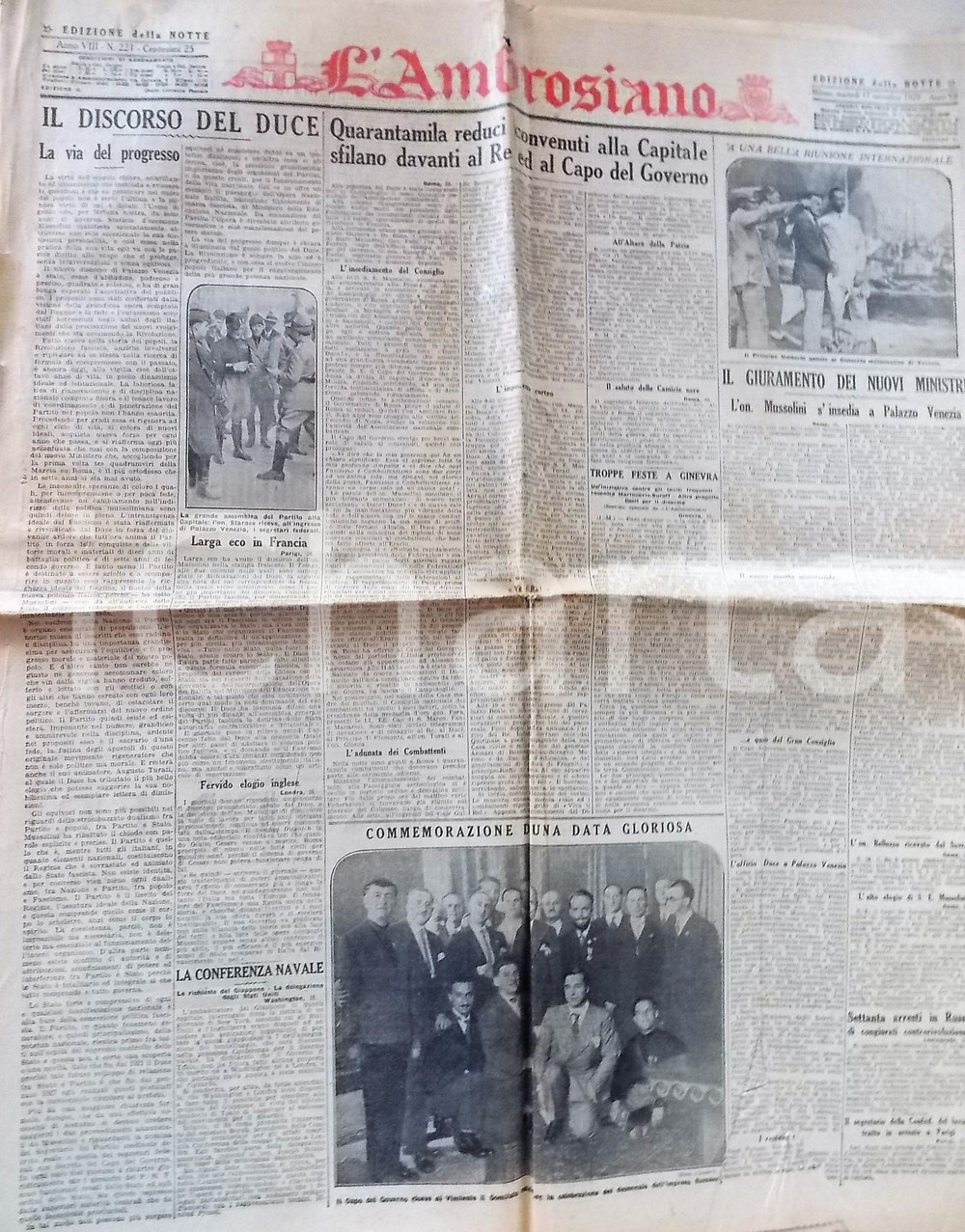 Giornale, rivista storica 1929 L AMBROSIANO Giuramento dei nuovi ministri del governo MUSSOLINI Giornale 1