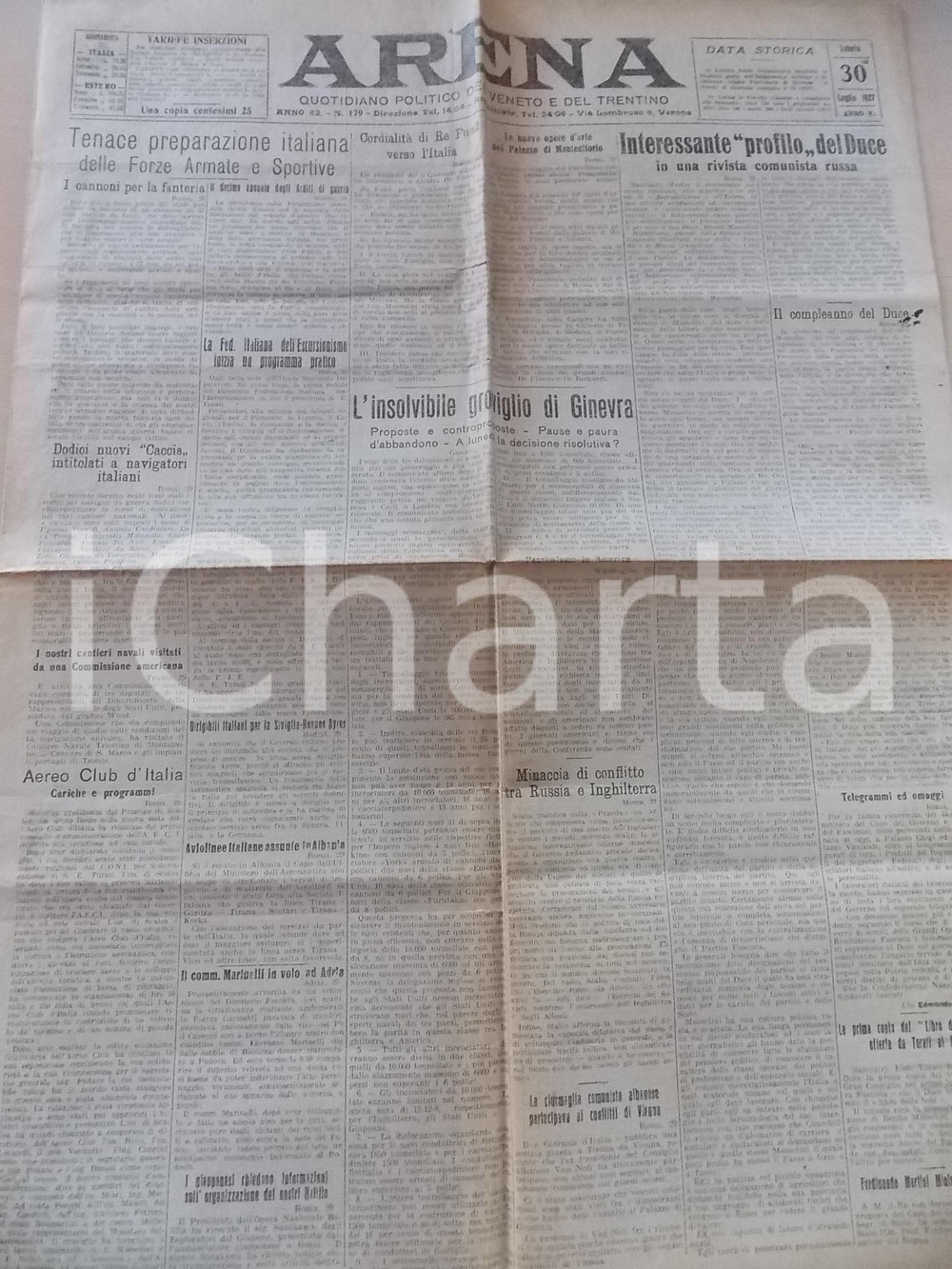 1927 ARENA Mussolini in una rivista comunista russa *Quotidiano VENETO TRENTINO DATA: sabato 30 luglio 1927CONDIZIONI: fair     originale e autentica 1