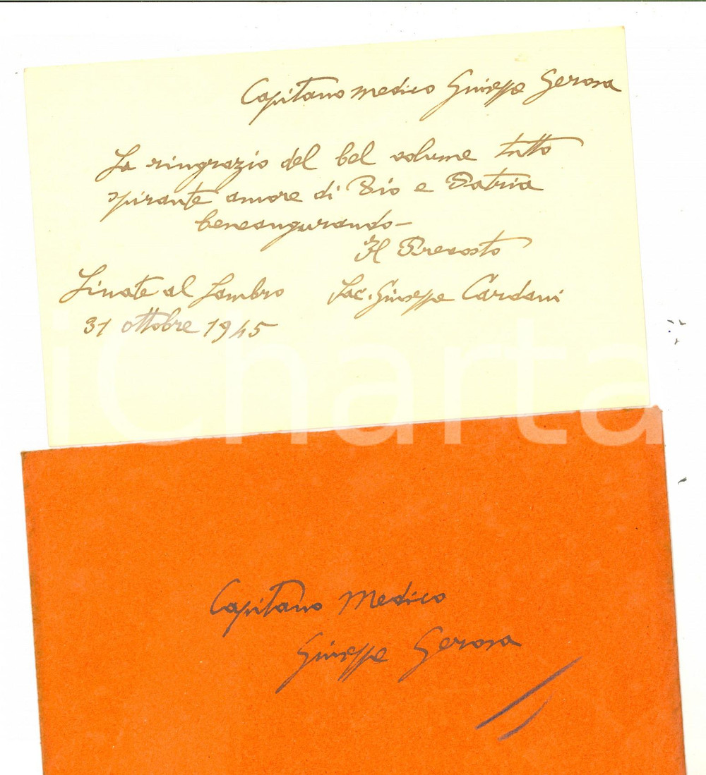 Manoscritto, lettera originale 1945 LINATE AL LAMBRO MI Biglietto di ringraziamento don Giuseppe CARDANI 1