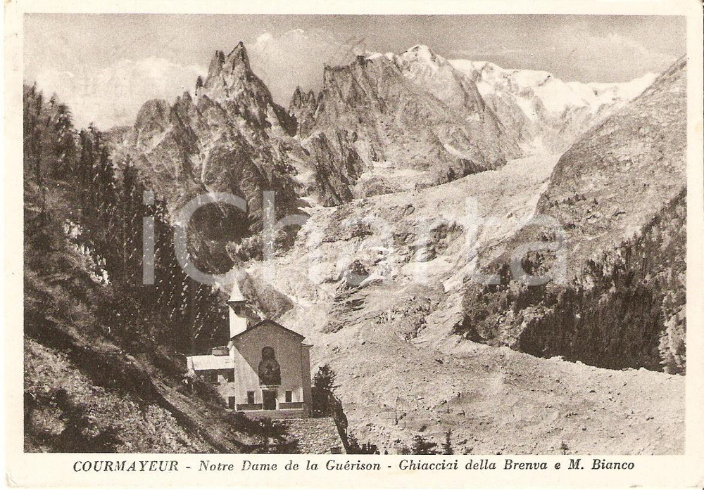Cartolina originale da collezione 1959 COURMAYEUR Santuario NOTRE DAME DE LA GUERISON e Ghiacciaio BRENVA FG VG 1