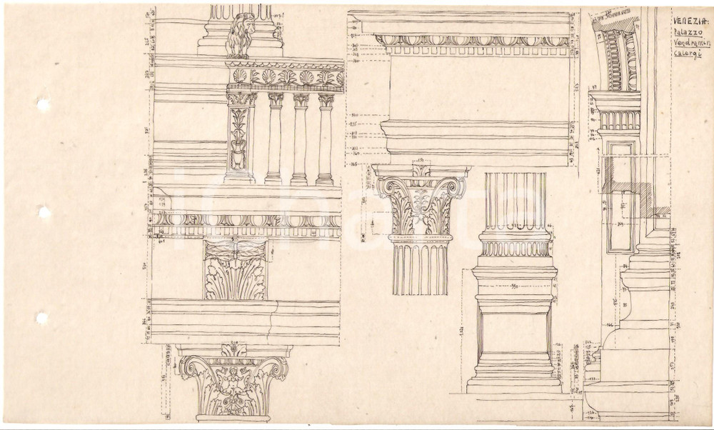 Stampa, bozzetto originale 1955 ca VENEZIA Dettagli Palazzo VENDRAMIN CALERGI Lucido con disegno A MANO 1