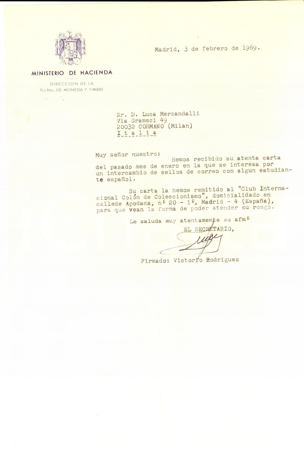 Manoscritto, lettera originale 1969 MADRID Ministerio de Hacienda  Lettera Victorio RODRIGUEZ per francobolli 1