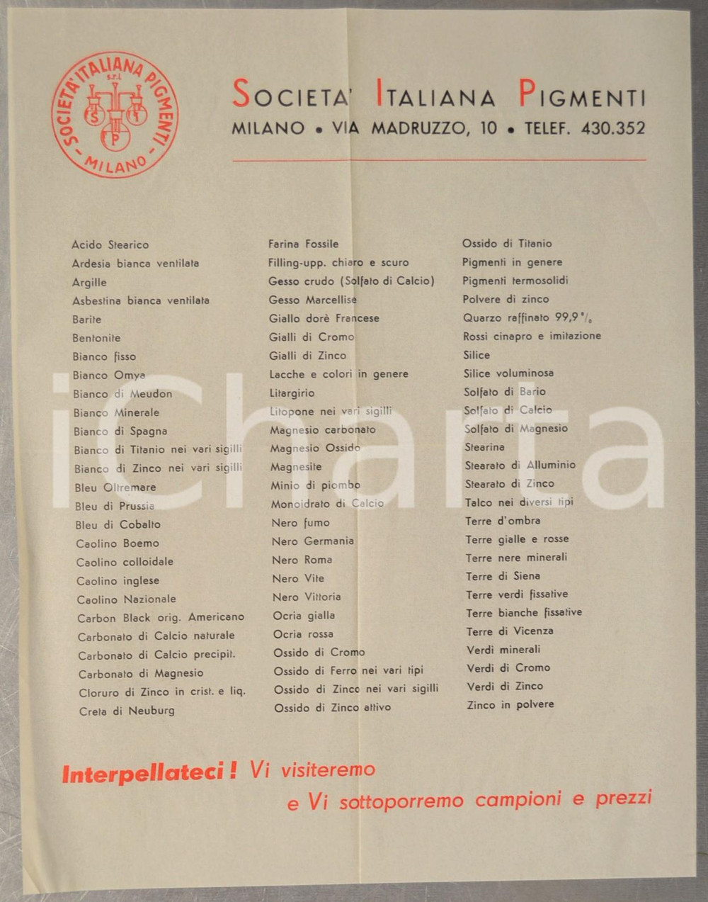 Materiale pubblicitario d’epoca 1940 ca MILANO SocietÃ  Italiana Pigmenti  Volantino pubblicitario su velina 1
