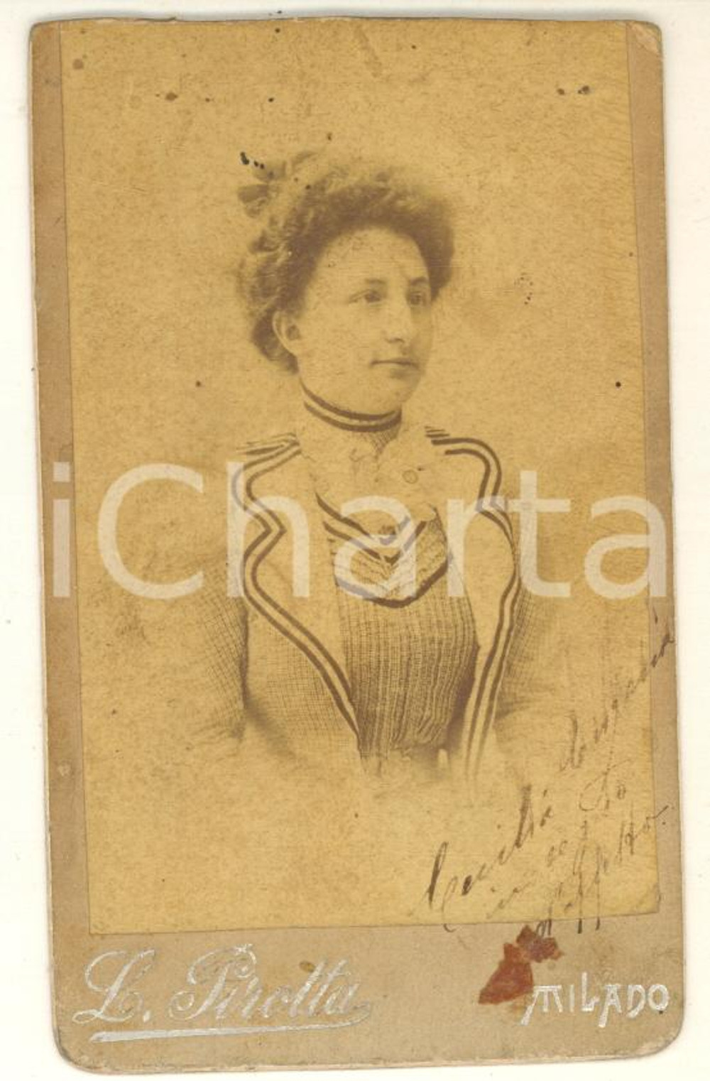 1890 ca MILANO Ritratto di giovane donna strabica *Foto L. PIROTTA CDV   POOR/danneggiato macchie; margini rifilati  originale e autentica 1