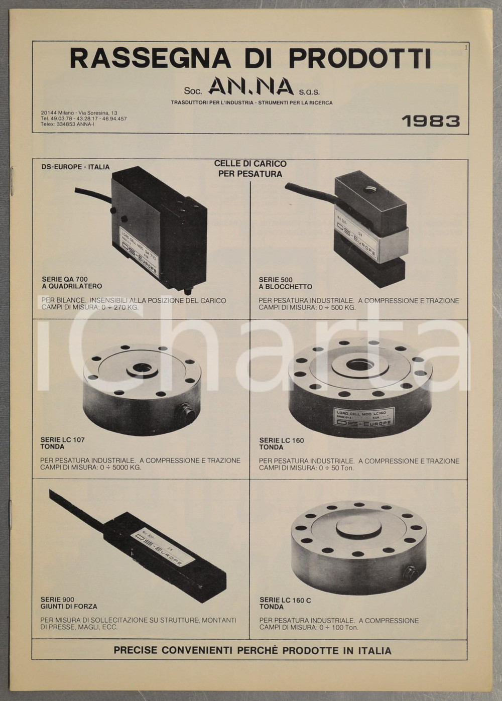 Materiale pubblicitario d’epoca 1983 MILANO Via Soresina 13 Società AN.NA trasduttori per l industria Pieghevole 1
