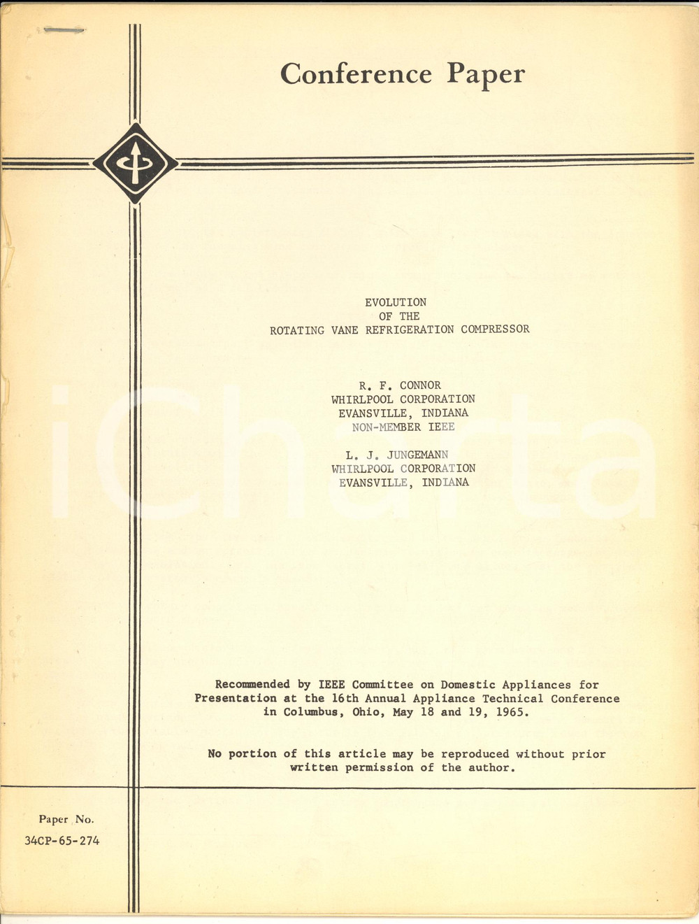 Materiale pubblicitario d’epoca 1965 WHIRLPOOL R.F. CONNOR L. J. JUNGEMANN Rotating vane refrigerator compressor 1