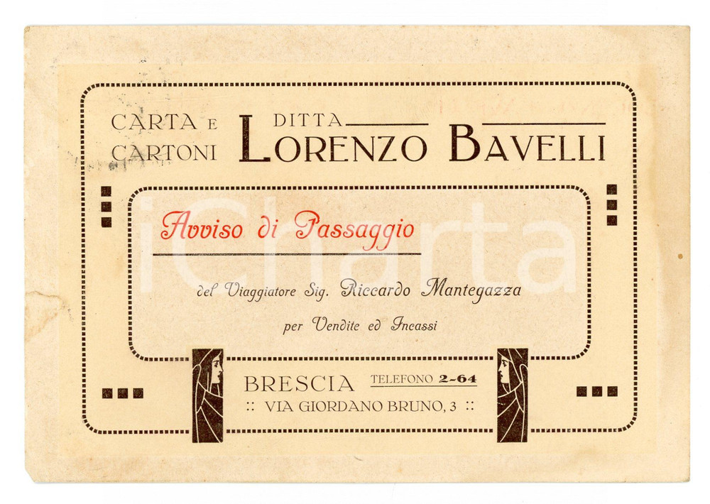 1914 BRESCIA Ditta Lorenzo BAVELLI Carta e cartoni *Avviso di passaggio FG  POOR/danneggiato piegature d'epoca; macchie marginali Formato: 15x10 cm originale e autentica 1